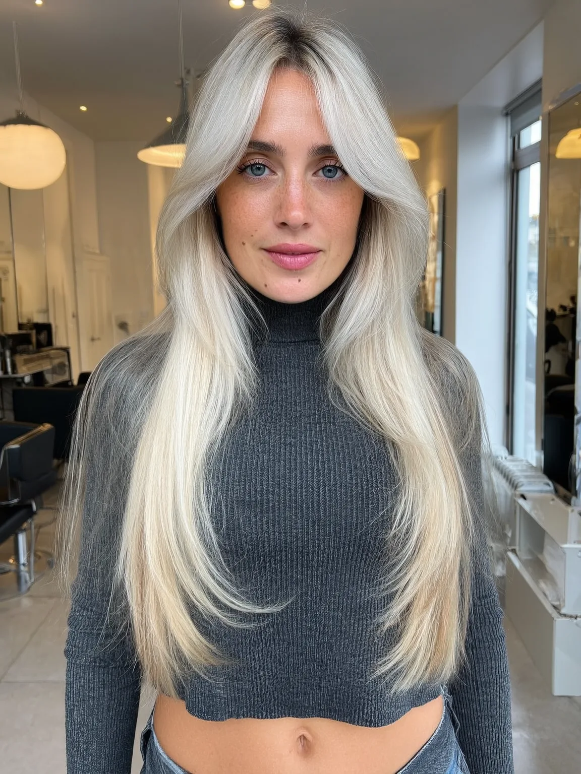 Subtle Ashy Platinum Blonde Layers with Bangs